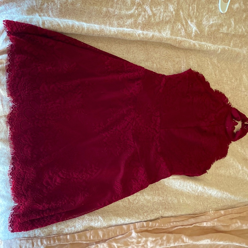 Red lace, high neck, low back dress